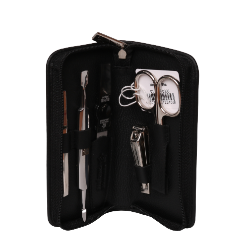 Pfeilring Manicure-Etui schwarz 5-teilig mit Knipser, Nappaleder